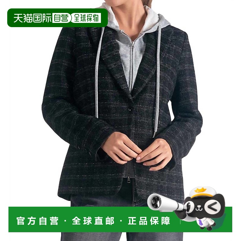 自营 elanEliza Metallic Plaid Blazer With Hoodie In Black Si