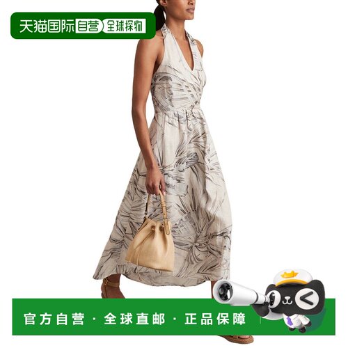 自营Reiss Carla棕榈印花亚麻连衣裙-中性 美国奥莱直发
