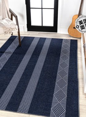 jonathan y Nautisk Trellis 条纹机洗海军/象牙色区域地毯 - 海/