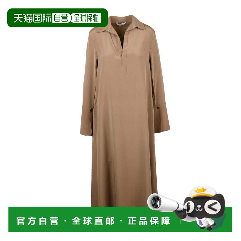 自营max mara长款丝质弹力衬衫式连衣裙，设计宽松的轮廓-棕色 美图片