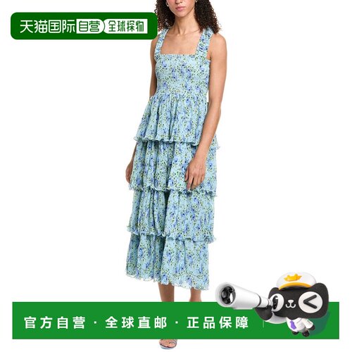 自营GANNI褶皱乔其特荷叶边烟熏迷笛连衣裙-蓝色 美国奥莱直发