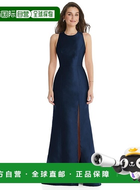 自营alfred sung宝石领蝴蝶结露背喇叭裙，前开衩 - 午夜海军蓝