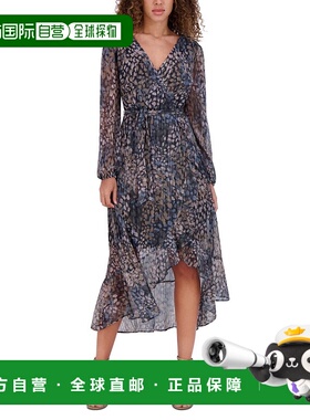 自营 Kensie Midi裹身连衣裙女式蓝色多褶边高低不对称下摆UPS560