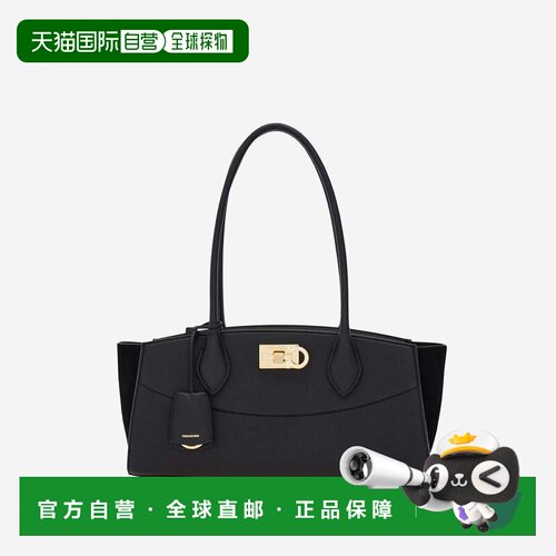 香港直邮Ferragamo 黑色压花皮革单肩包 Soft Bag托特包手提包