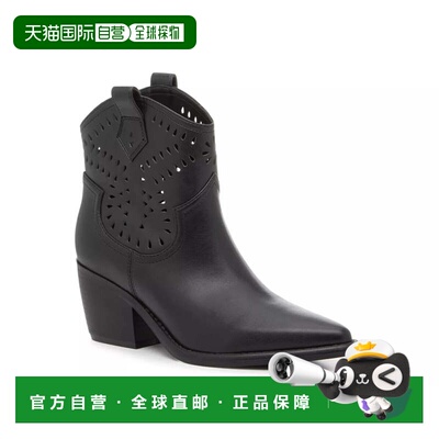自营Marc Fisher Boots Black Leather Block Heel Cowboy Bootie