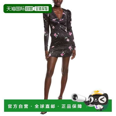 自营GANNI Crinkled Satin V-Neck Mini Dress - black 美国奥莱