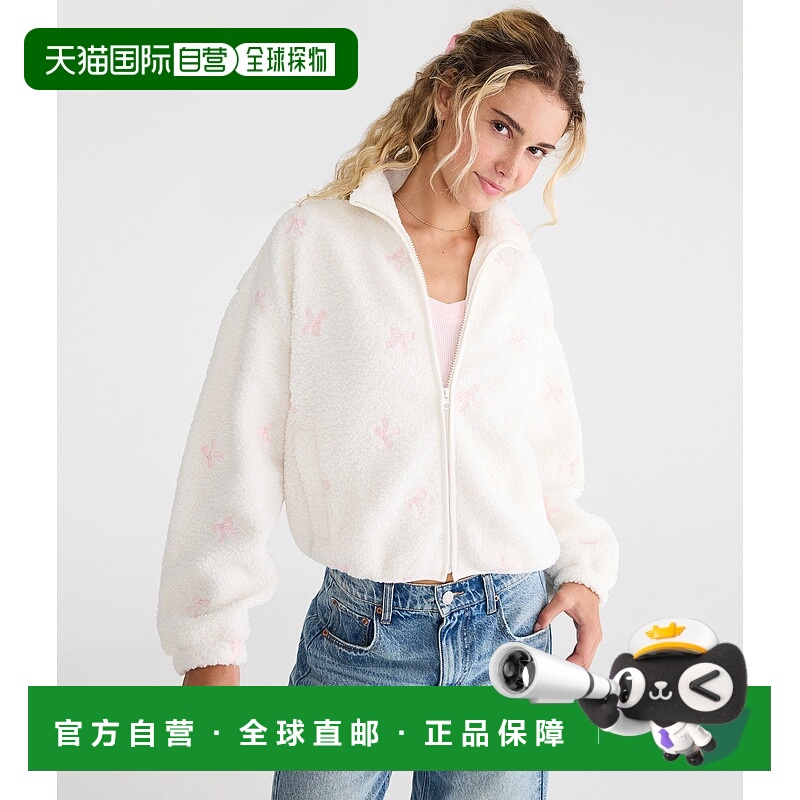 自营Aeropostale蝴蝶结全拉链夏尔巴人夹克-白色花朵 美国奥莱直