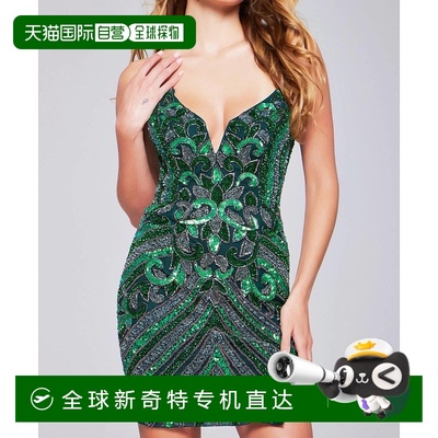 自营 jovani绿绿色串珠狭缝鸡尾酒会连衣裙 美国奥莱直发