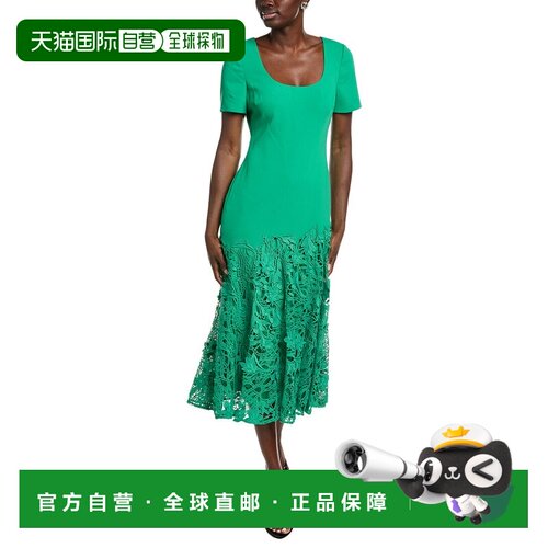 自营Badgley Mischka绉纱蕾丝中长款连衣裙-绿色 美国奥莱直发
