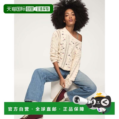 自营Lucky Brand女款花卉刺绣圆领毛衣-风暴色 美国奥莱直发