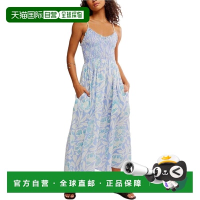 自营Free People Sweet Nothings Midi Dress Blue Smocked Ruffl