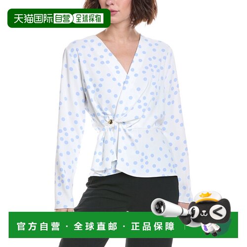 自营Halston长袖圆点包裹式上衣-白色 美国奥莱直发
