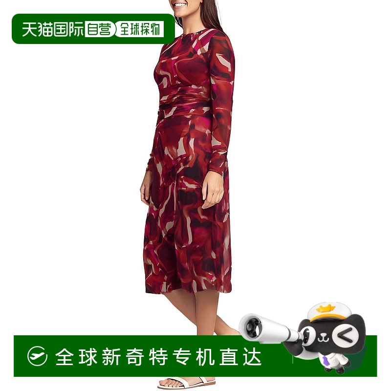 自营 jessica howardPetites女式印花涤纶Midi连衣裙-红色多色 【