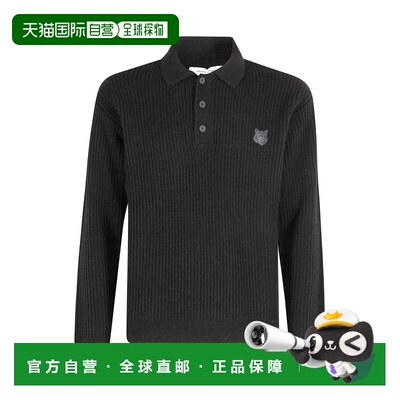 自营maison kitsuneFox Head Wool Ribbed Polo Jumper - black