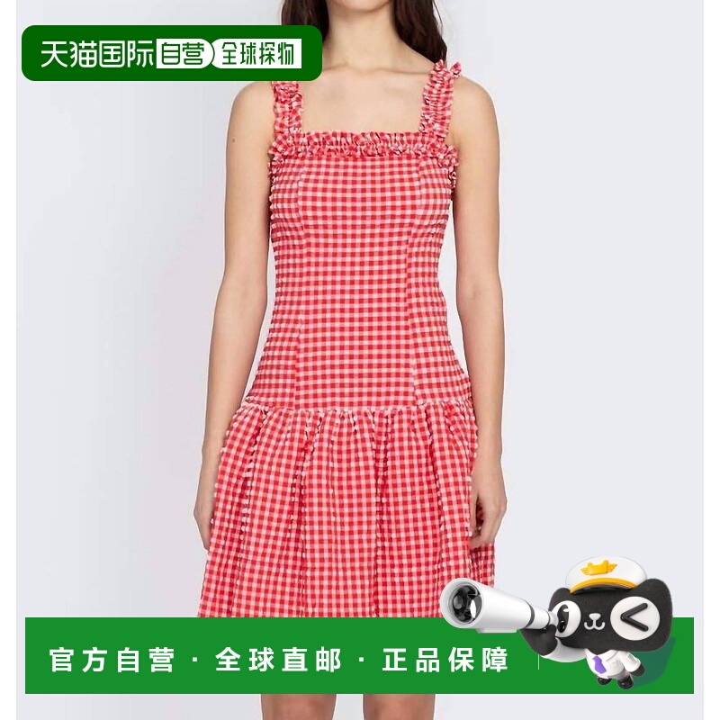 自营ganniSeersucker系带褶边迷你赛车红连衣裙-赛车红 美国奥莱