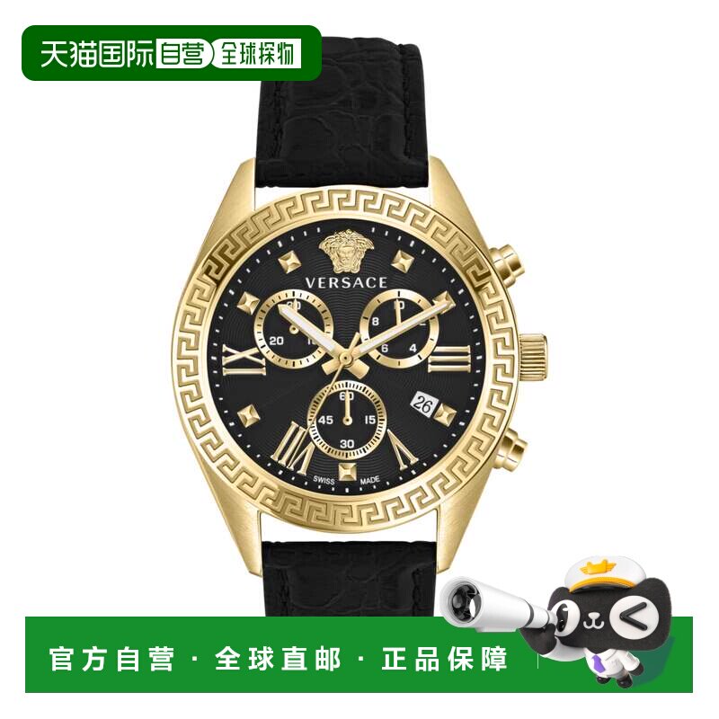 自营versaceGreca Chrono 皮革腕表 - 黑色/ip 黄金/黑色 美国奥