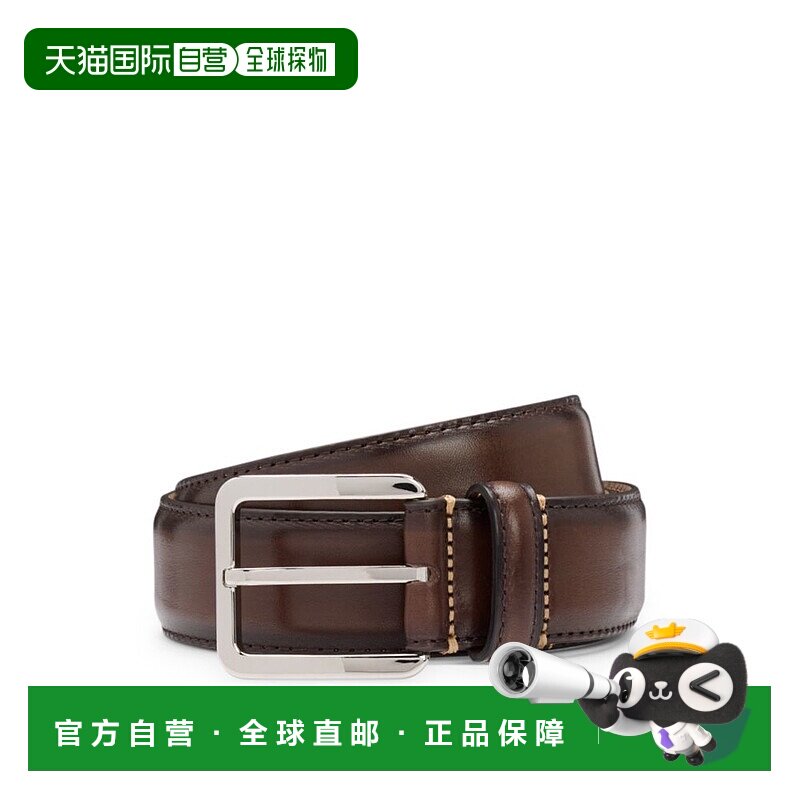 自营 boss深棕色对比缝线意大利皮革背心 美国奥莱直发腰带皮带