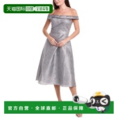 自营 美国奥莱直发 灰色 Rene Ruiz露肩A字型锦缎鸡尾酒会连衣裙