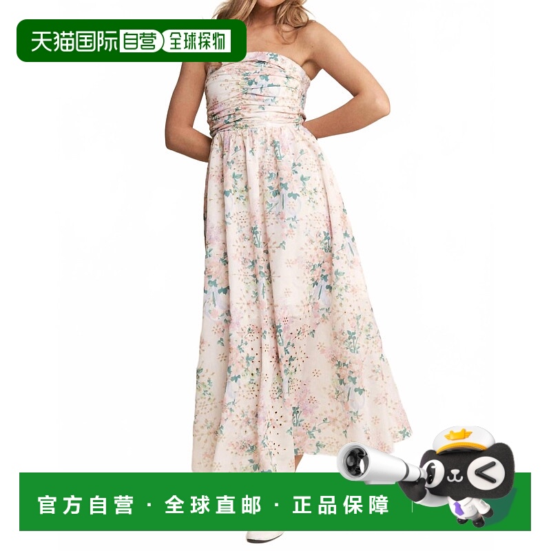 自营j.nnaFloral Eyelet Ruched Strapless Midi Dress In Pink M