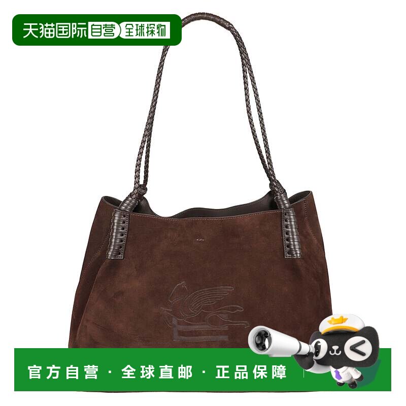 自营etro宽敞的棕色绒面革购物袋，搭配编织手柄-棕色 美国奥莱直