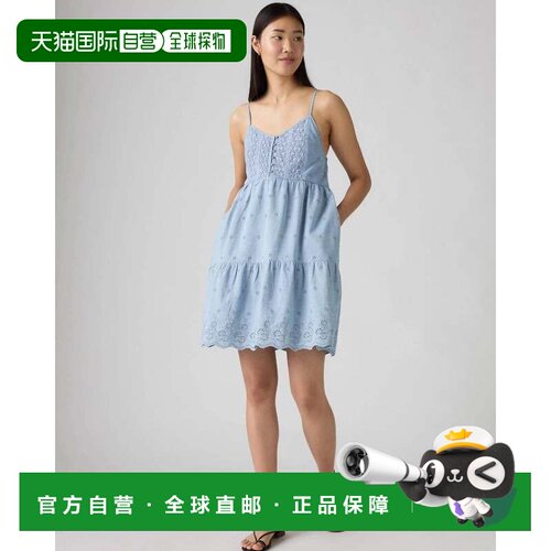 自营Levi's Cora迷你连衣裙女式蓝色棉质孔眼细节分层v领PALL579-