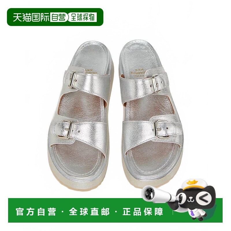 自营ann mashburn银色皮革女式双扣平底凉鞋-银色皮革 美国奥莱直