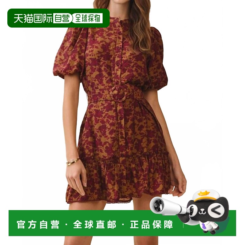 自营tcecFloral Puff Sleeve Belted Mini Dress In Brown/burg -