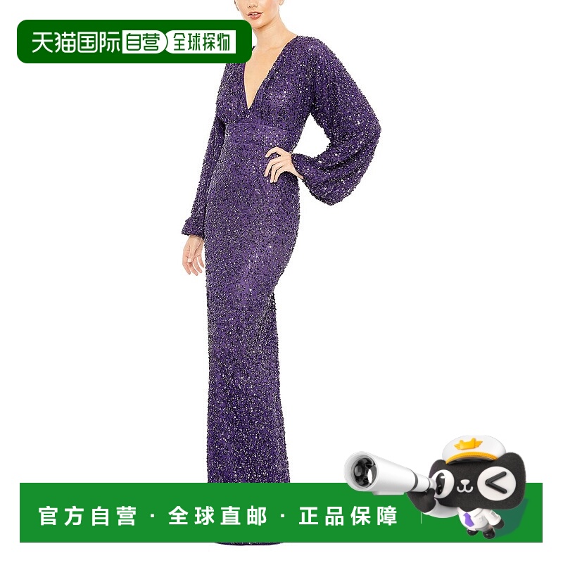 自营Mac Duggal Sequined Puff Sleeve V Neck Gown - purple 美