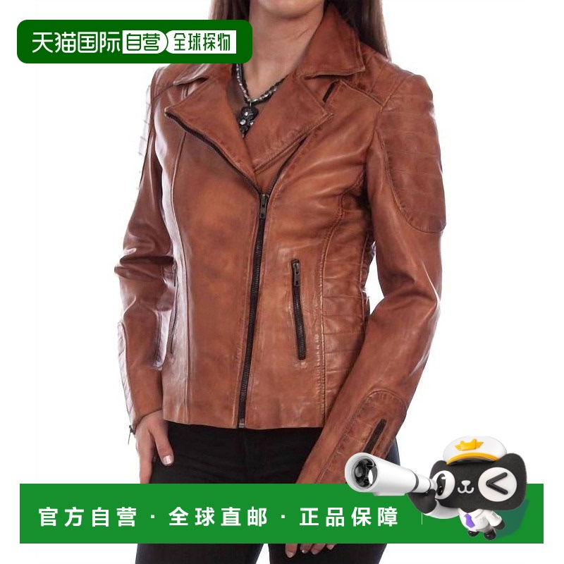 自营 scully棕色女式磨砂皮革摩托车风格夹克 美国奥莱直发