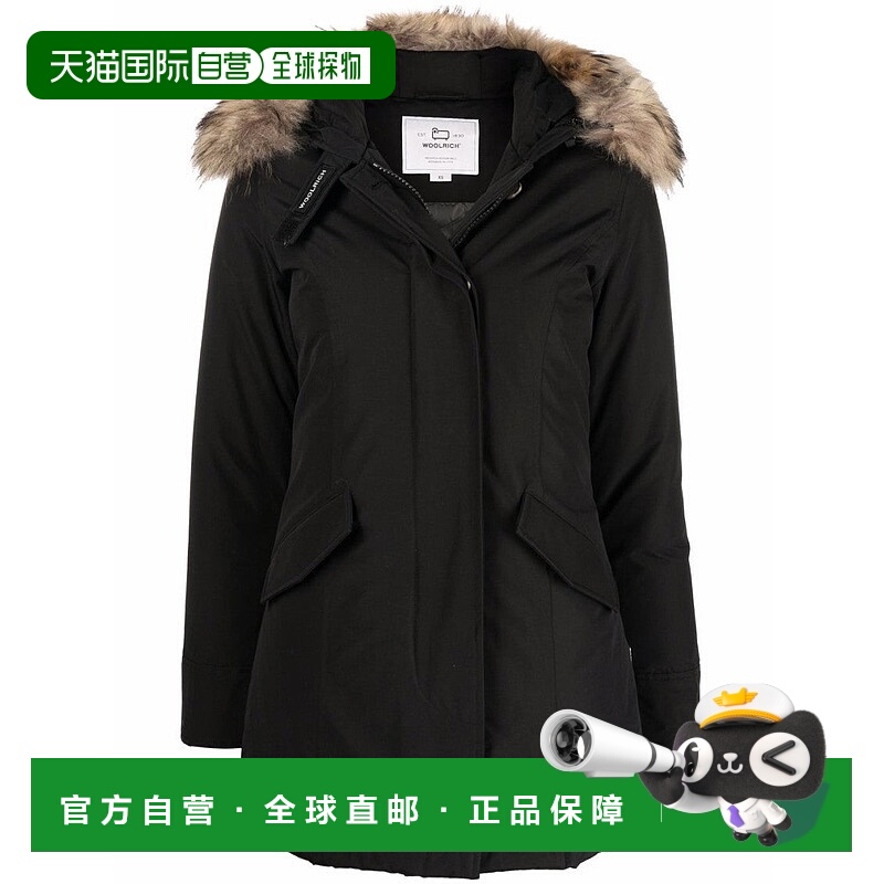 自营woolrich中号黑色派克大衣，带可拆卸毛皮镶边兜帽-黑色 美国