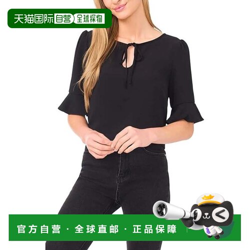 自营CeCe上衣女式黑色弹力开叉领结荷叶边袖口GBO3847-黑色 美国