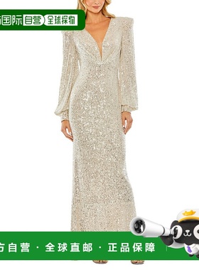 自营Mac Duggal Sequined Plunge Neck Structured Bishop Sleeve