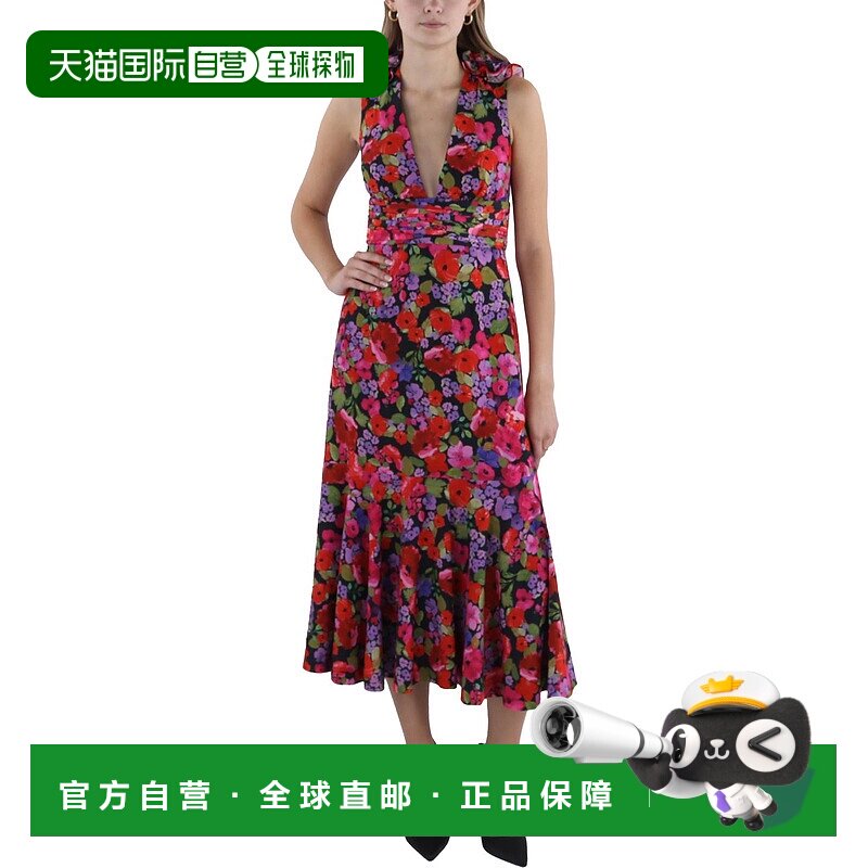 自营amur女式膝盖以下深 V 领中长连衣裙 - 红色花朵 美国奥莱直
