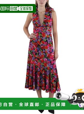 自营amur女式膝盖以下深 V 领中长连衣裙 - 红色花朵 美国奥莱直