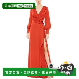 红色 Charmeuse礼服 美国奥莱直发长裙 Duggal褶皱主教袖 自营Mac