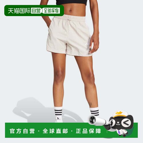 自营adidas Essentials女式3条纹生活风格梭织短裤-米色/白色 美