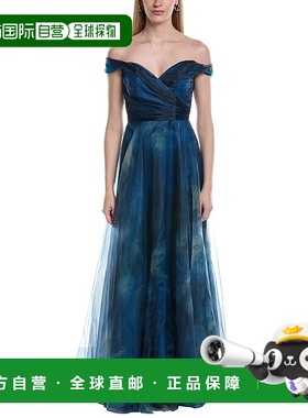 自营Rene Ruiz Off-The-Shoulder Draped A-Line Gown - blue 美
