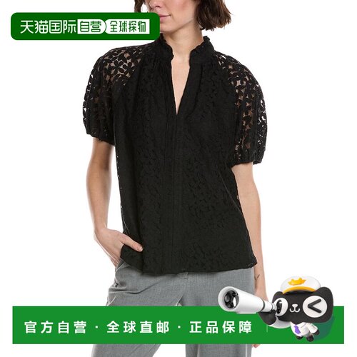 自营CeCe Ruffle Neck Raglan Seam Split Neck Blouse - black