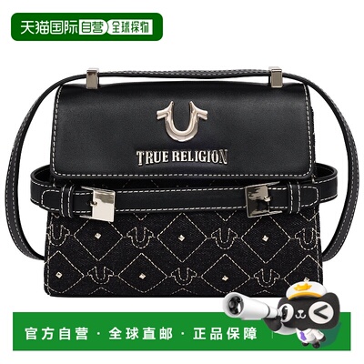 自营True Religion Studded Denim Flap Crossbody Bag - black