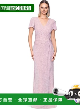 自营 xscape披肩裹身连衣裙女式粉红色闪光扭曲前襟飘逸袖派对APP