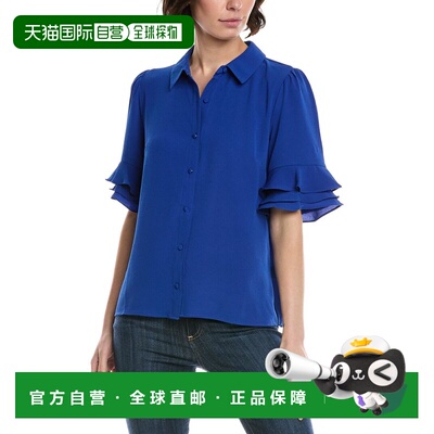 自营CeCe 3/4-Sleeve Button Front Collared Top - blue 美国奥