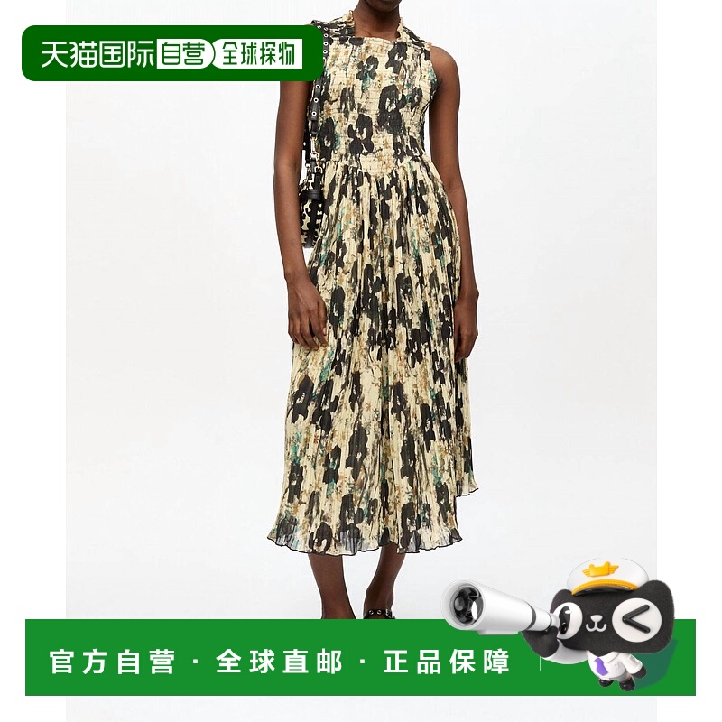 自营ganni印花褶皱Smock Midi背带连衣裙,在余辉中 美国奥莱直发