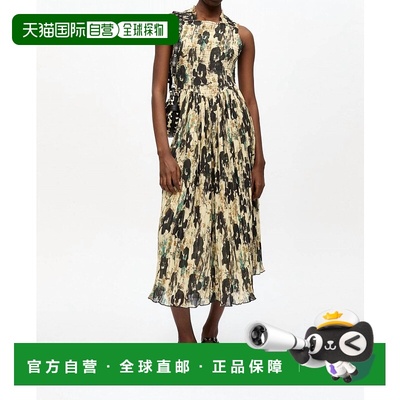 自营ganni印花褶皱Smock Midi背带连衣裙，在余辉中 美国奥莱直发