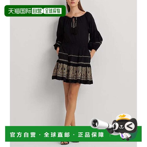 自营LAUREN Ralph Lauren Embroidered Cotton Voile Dress Black