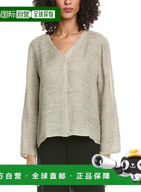 自营EILEEN FISHER V-Neck Linen-Blend Shirt - multi 美国奥莱