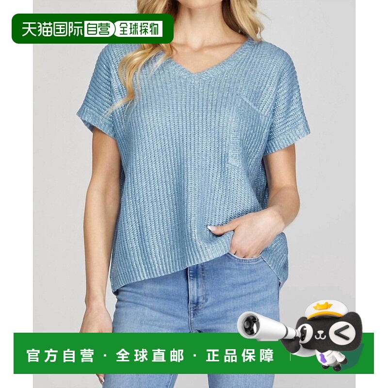 自营she + sky短袖V领金属涂层毛衣上衣，前袋冰蓝色-冰蓝色 美国
