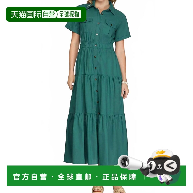 自营she + sky青色纯色梭织连衣裙 美国奥莱直发