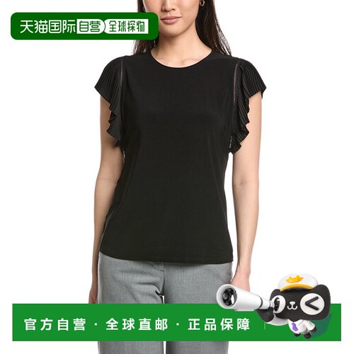 自营Anne Klein Pleated Flutter Sleeve Top - black 美国奥莱直
