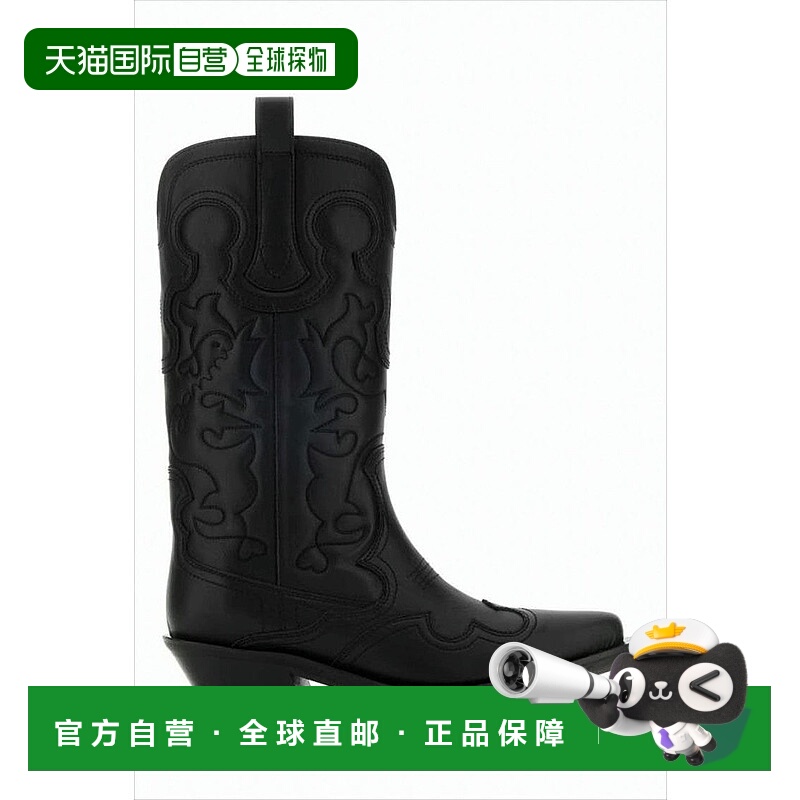 自营ganniMid-Calf Leather Boots With Tonal Embroidery And An