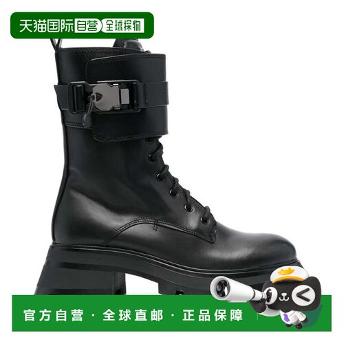 自营dkny黑色Sava Combat系带金属质感皮革踝靴-黑色 美国奥莱直